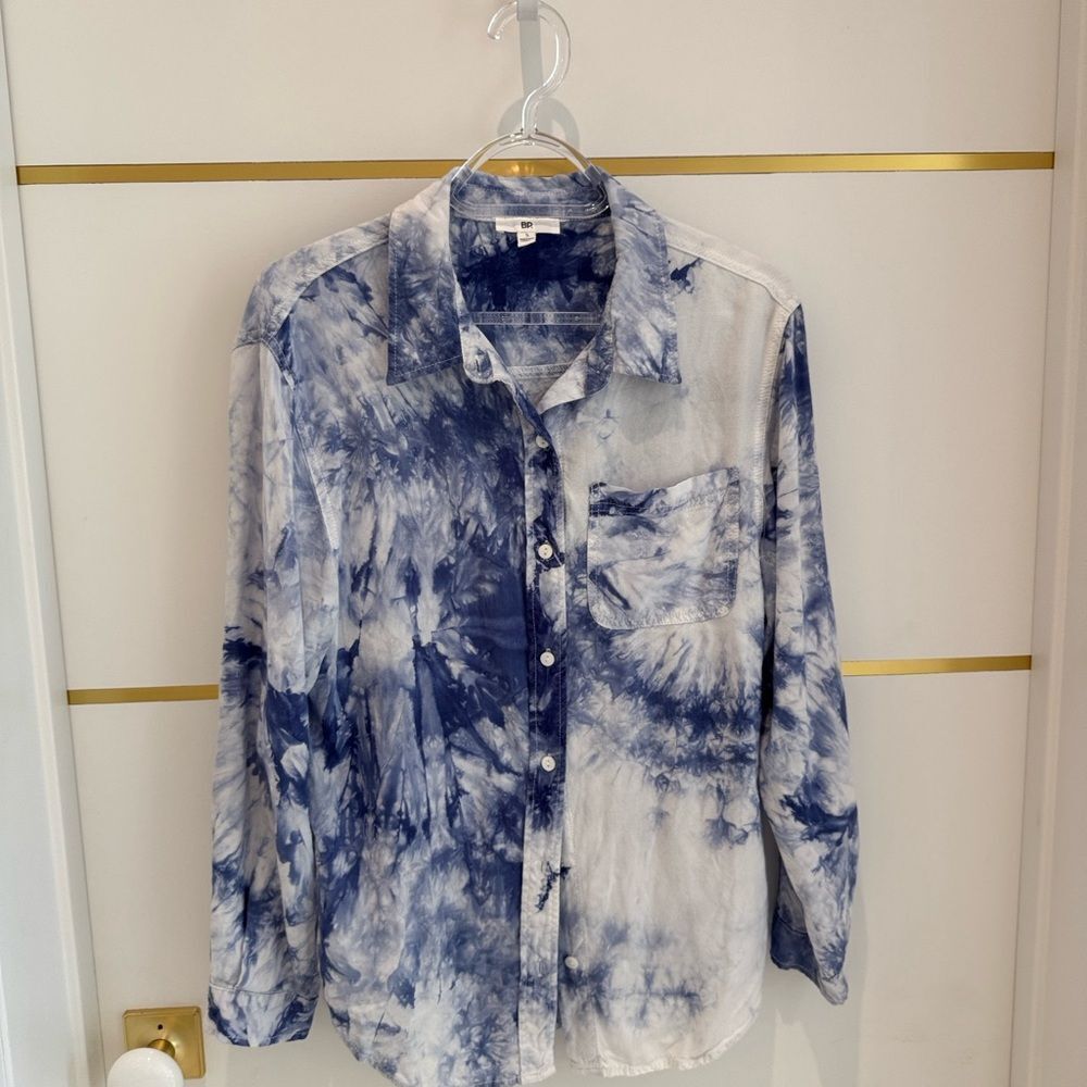 BP NORDSTROM Blue White Tie-Dye Button Down Long Sleeve Shirt S